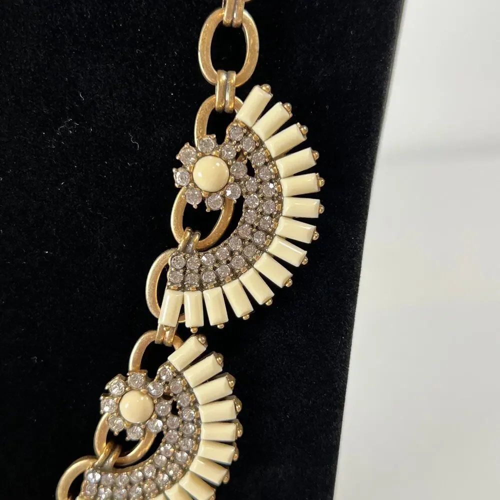 J. Crew‎ Fan Flower Statement Bib Necklace White Ivory Rhinestones Goldtone